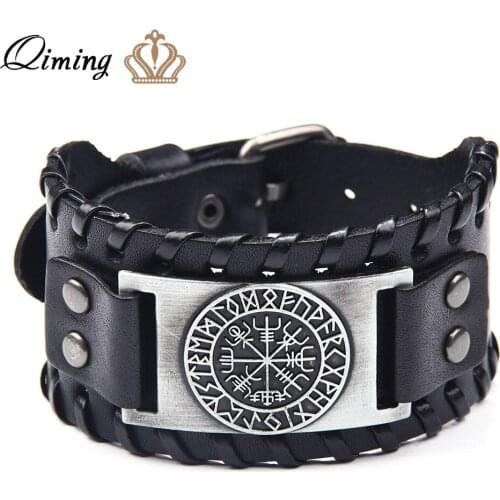 QIMING PU Leather Rune Compass Bracelets For Men Nordic Viking Retro Vintage Jewelry Charm Bracelet Male Gift