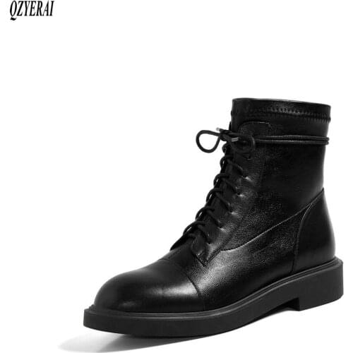 QZYERAI New design Genuine leather Womens boots Martin boots British style lace-up cowhide Female boots Autumn and winter shoes