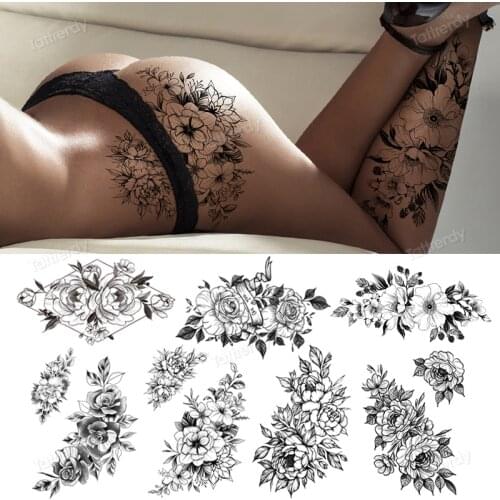 Tattoo sticker flower big black sketch designs waterproof temporary tattoo peony rose sunflower sexy tattoo thigh le arm sleeve