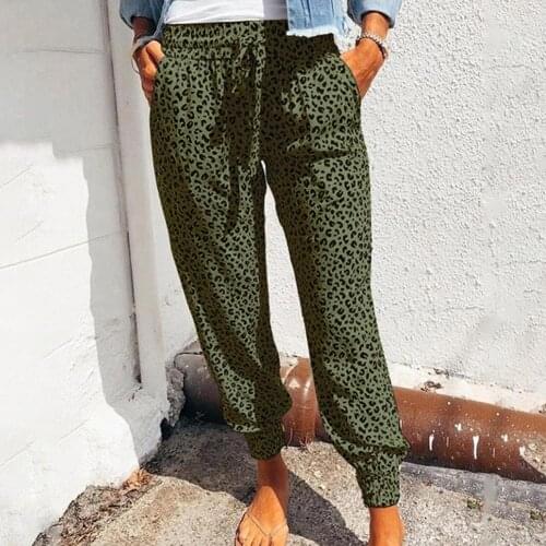 Cropped Trousers Leopard Print Drawstring 4 Colors Elasticnt Waist Harem Pants for Daily Wear