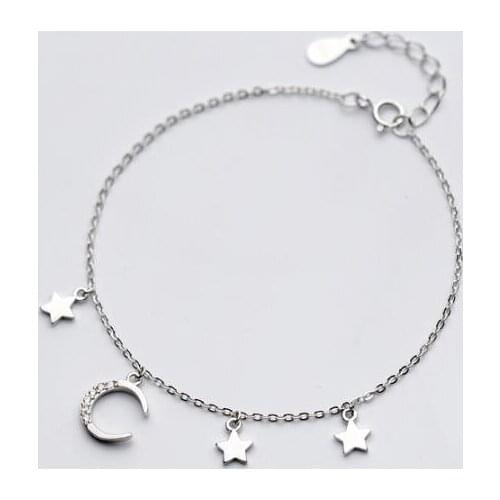 Ladys Cute 100% Real. 925 Sterling Silver Fine Jewelry Polished Crescent Moon &Clear white CZ Star chain Bracelet GTLS499