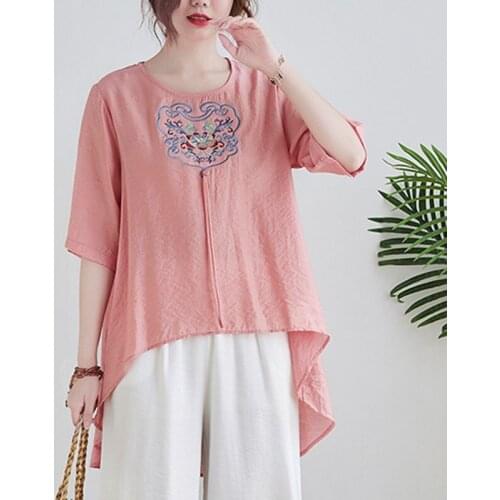 Oversized Women Cotton Linen Casual T-shirts New 2021 Summer Indie Folk Style Vintage Embroidery Loose Female Tops Tees S3581
