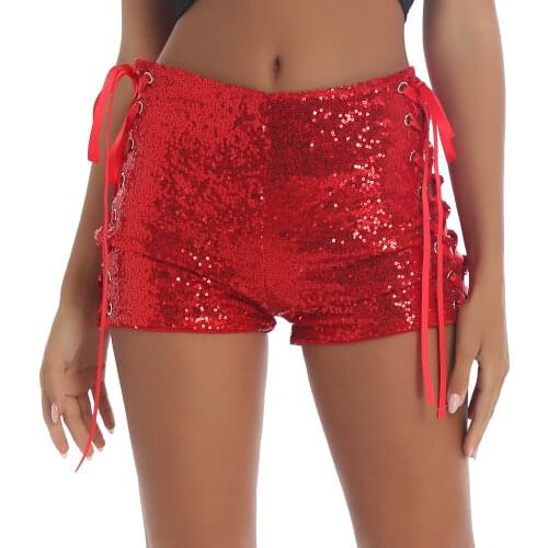 Women Glitter Sequins Lace-Up Side Bandage Sexy Mini Shorts Festival Rave Party Jazz Dance Shorts Stage Performance Clubwear