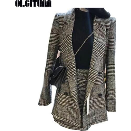 New 2020 Wool Blazer+ Skirt Two-Piece Set Women Winter Suit Houndstooth Long Sleeve Turn-down Collar Coat Office Lady Elegant