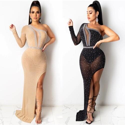 Women Sexy Nightclub Dress Evening Party Dresses Long Luxury Perspective Sexy Long Split Skirt for Lady Spangle Grenadine Wear