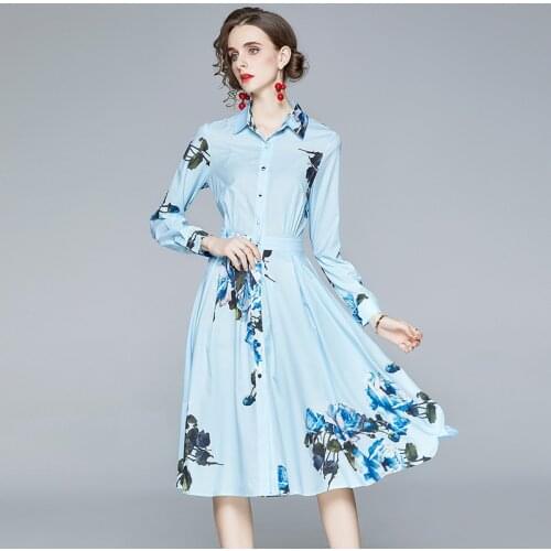 2021 Spring Autumn Vintage and Elegant Vestidos Womens Lapels Cover Belly and Thin Breathable Floral Shirt Midi Dress DK109