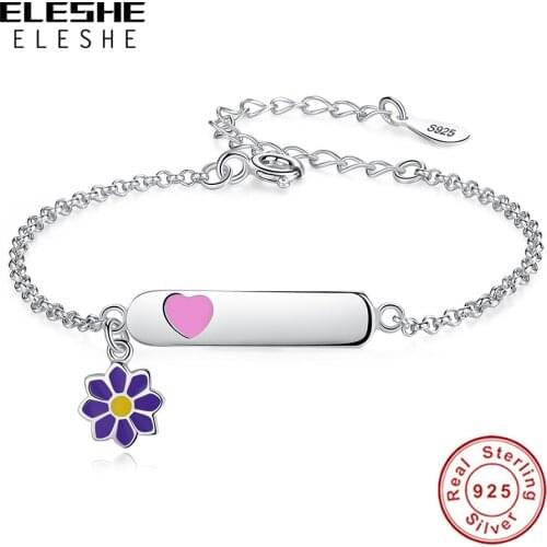 100% 925 Sterling Silver Purple Enamel Daisy Chain Bracelet For Girls Kids Personalized Engrave Name Bracelet Cute Jewelr