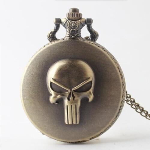 1169) 12pcs/lot Vintage Antique Bronze punk The Punisher Skull Dial Roman Numeral Quartz Pocket Watches Analog Pendant Necklace