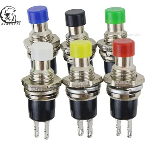 6PCS PBS-110 7mm Press off switch Thread Multicolor 2 Pins Momentary Push Button Switch (Yellow black blue white red green)
