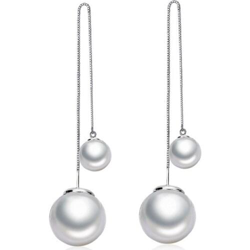 925 Sterling Silver Tassel Drop Double Pearl Dangle Earrings for Women Female Elegant Brincos Wedding Pearl Jewelry