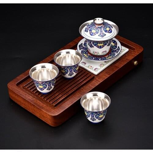 999 silver Chinese gift Silver Tea set Gaiwan/pot cups Rosewood tea tray Pure silver plating office travel teaset