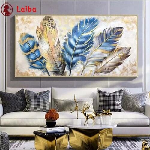 DIY Diamond Painting Abstract art, golden blue feathers Diamond Mosaic Full Drill Square round Cross Stitch Handmade Hobby