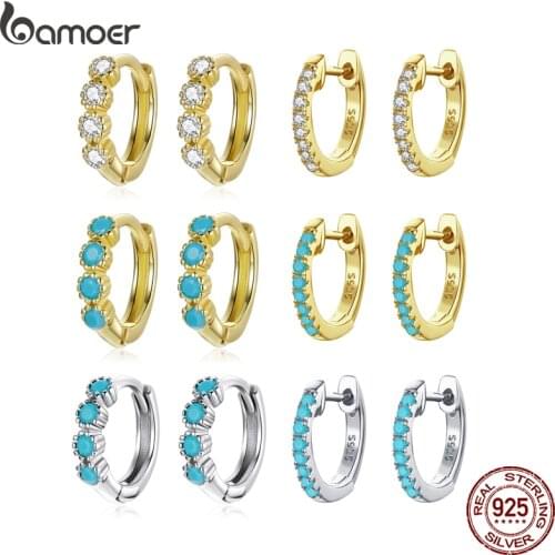 Bamoer 925 Sterling Silver Stylish Ear Buckle Earrings Gold Color Blue Color Zircon Earrings for Women Engagement Gift SCE1126