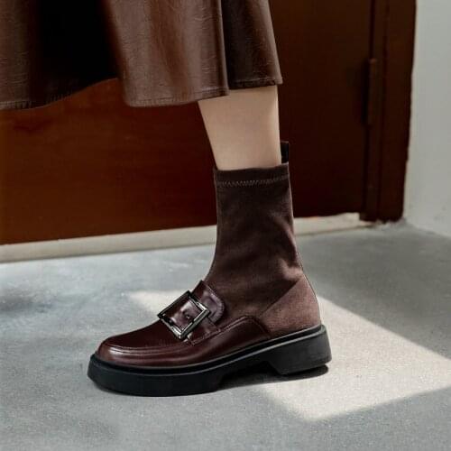 Brand Boots Women 100% Leather Shoes Woman Thick Heeled Genuine Leather Motorcycle Boots Autumn Winter Boots