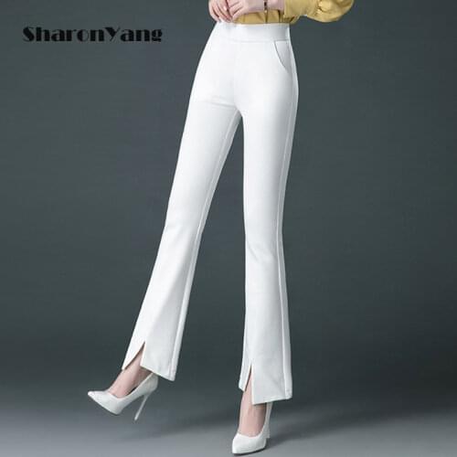 New Spring Autumn Women Elasticity Bell Bottom Pants High Waist Elegant Long Pants Ladies Full Length Trousers Plus-Size White