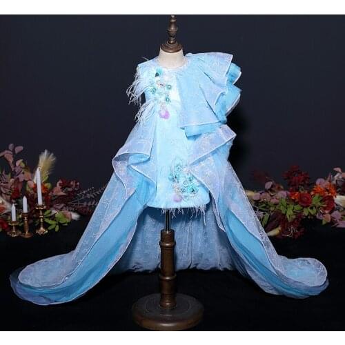 Flower Girl Dress O-Neck Sleeveless Appliques Embroidery Beading Sequined Princess Knee-Length Luxury Blue Kids Party Gown H562