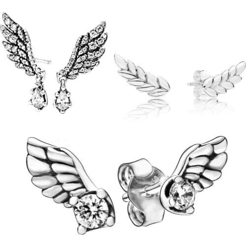 2020 New 925 Silver Crystal Dangling Angel Wing Sparkling Angel Wing Stud Earrings Celestial Stars Earrings