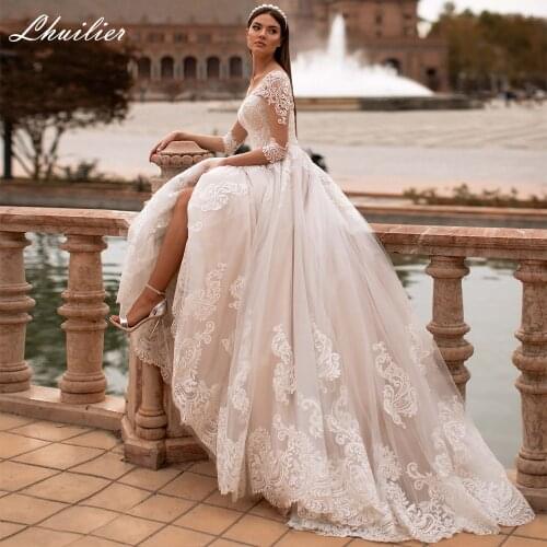 Lhuilier Elegant A-line Scoop Neck Half Sleeves Tulle Wedding Dresses 2020 Floor Length Lace Appliques Court Train Bridal Dress