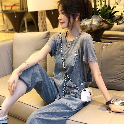 2021 Summer Plus Size Straight Leg Casual Personality Siamese Pants Womens Fashion Loose Hole Denim Bib Super Stretchy Jeans