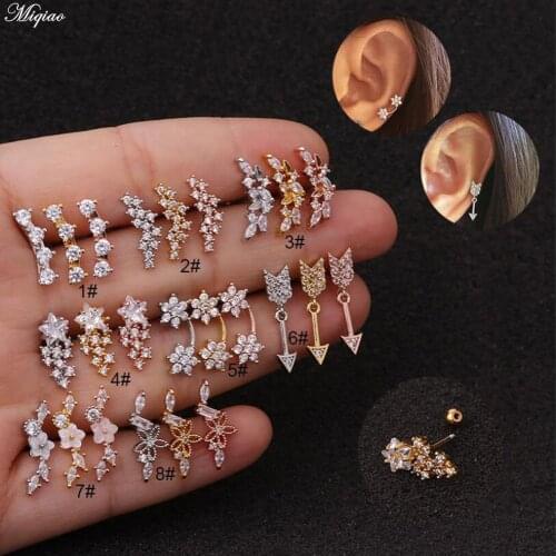Miqiao 1 Pair Creative Flower Screw Fine Needle Stud Earrings Stainless Steel Zircon Earring Piercing