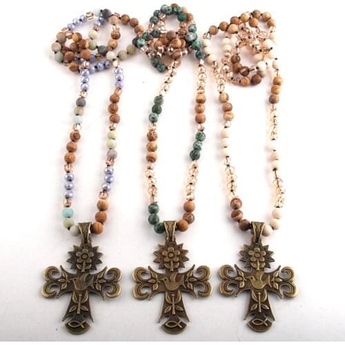 Fashion Bohemian Tribal Jewelry Multi Stone Beige Glass Long Knotted Metal Flower Bird Cross Pendant Necklaces