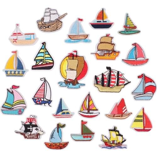 Cartoon Boats Embroidery Cloth Stickers Sailboat Iron on Patch Collection Thermo Adhesive Clothing Piece Kids Clothes Appliques