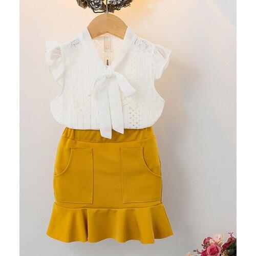 2019 New Summer Girls Dress Set Cotton White Lace Sleeveless+Fishtail Skirt 2Pcs Baby Girls Clothes