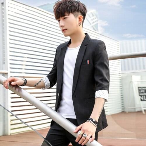 New Fashion Summer Mens Suits Slim Fit 3/4 Sleeve Short Jacket Pants 2pcs Set One Button B36