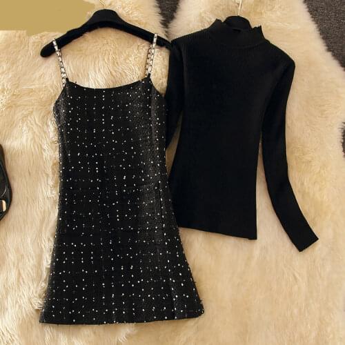 New Design 2021 Spring New Women Sets Knitted Turtleneck Sweaters and Mini Black Dresses Office Lady Dress Suits Top Quality