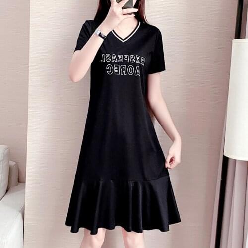 Solid balck diamonds women dress summer knee lenght v neck short sleeve ruffed bottom elegant office lady loose straight dress