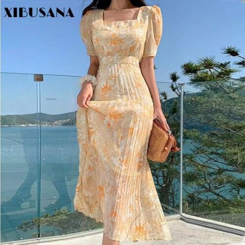 Korea Vintage Square Collar Pleated Long Dresses Women Puff Short Sleeve Elegant Floral Printed Chiffon Dress Female Vestidos