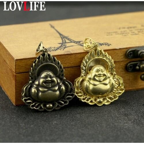Antique Gold Color Maitreya Buddha Pendant for Necklace and Key Chain Jewelry Pure Brass Big Belly Smiling Buddha Statue Hanging