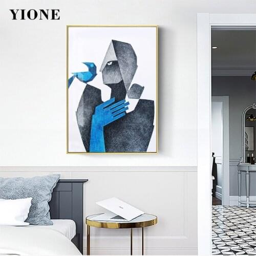 Nordic Art Geometric Woman Bird Canvas Paintings Gray Blue Brown Abstract Figure Posters and Prints Wall Pictures for Bedroom