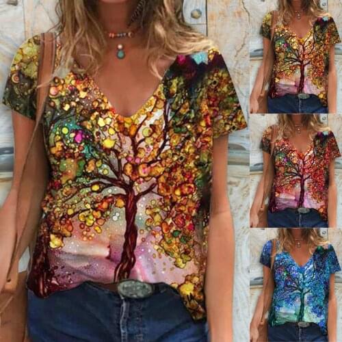 SAGACE Flowers and trees landscape print T-shirt V-neck short sleeve womens top 2021 summer hot loose casual womens wear