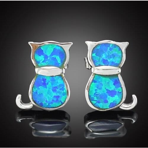 Lovely Cat Shaped Blue Fire Opal Silver Plated Ear Stud Earrings OE235