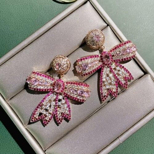 European and American heavy industry micro-inlaid zirconium two-tone powder exaggerated bow earrings womens jewelry