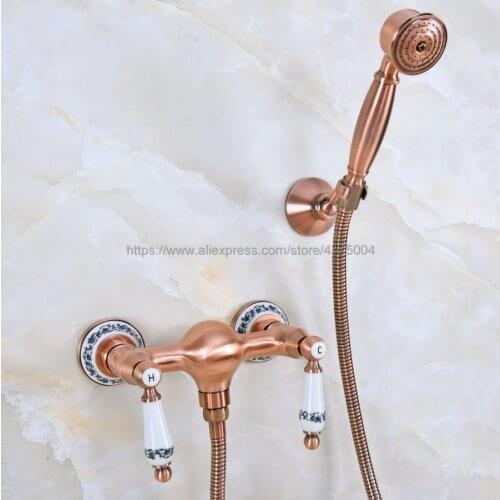 Bath Faucets Antique Red Copper Wall Mounted Bathroom Basin Mixer Tap With Hand Shower Head Bath & Shower Faucet Nna303