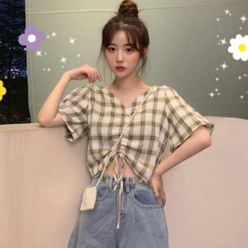 Summer Plaid Preppy Shirt Women Drawstring Puff Sleeve Short Sleeve V-neck Short Cut Belly Button Top