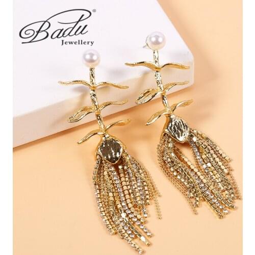 Badu Boutique Shiny Rhinestone Tassel Dangle Hyperbole Long Chain Earrings for Women Fashion Show Ladys Statement Jewelry