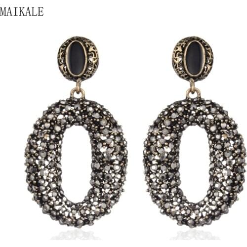 MAIKALE Vintage Big Round Circle Alloy Stud Earrings Black Rhinestone Exaggerated Long Earrings for Women Girls Jewelry Gifts