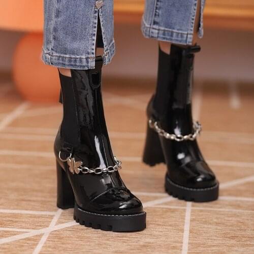 Top Quality Genuine Leather Motorcycle Boots for Women Platform Thick Botton Round Toe Shoes Woman Chunky Heels Ankle Boots