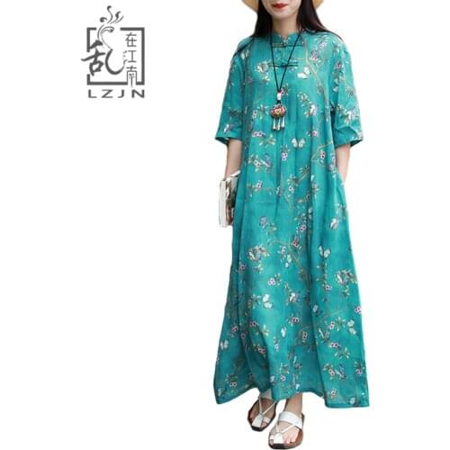 LZJN Butterfly Floral Print Summer Dress Women 2019 Trending Long Tunic Beach Dress Half Sleeve A-line Casual Robe Femme Pockets