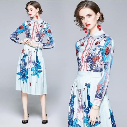 Sky Blue Office Lady Long Sleeve Spring/Autumn Harujuku Dress European and American Style Full Button Floral Print A-Line Dress