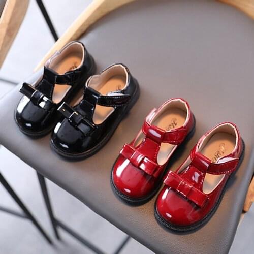 2021 Spring Autumn Girls Shoes Patent Leather T Strap Shoes Red Bow Princess Shoes Black Kids Casual shoes Children Flats