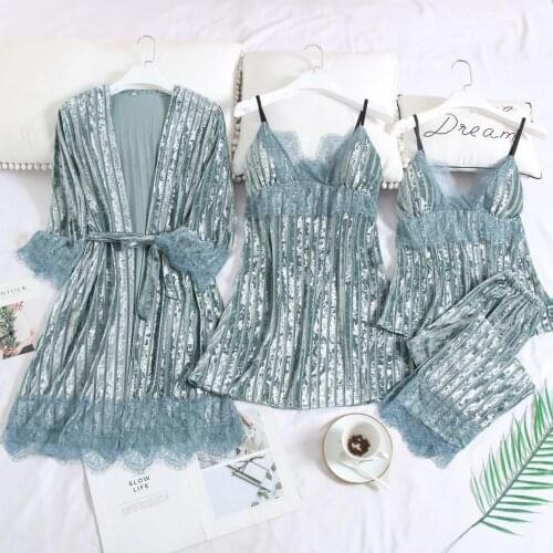 Striped Gold Velvet 4 Pieces Warm Winter Pajamas Sets Women Sexy Lace Robe Pajamas Sleepwear Kit Sleeveless Nightwear