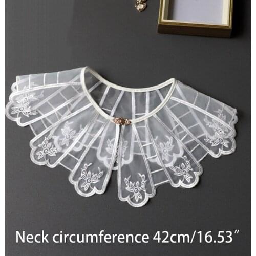40GC Chinese Style Embroidery Floral Lace Fake Collar Shawl Wrap Vintage Snap Fastener Sheer Mesh Decorative Necklace Poncho