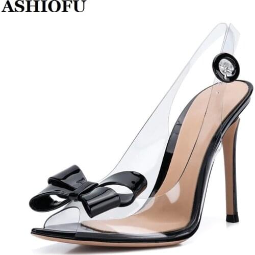 ASHIOFU 2020 New Handmade Womens High Heel Pumps PVC Leather Peep-toe Party Shoes Butterfly-knot Slingback Fashion Court Shoes