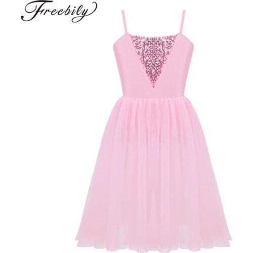 Kids Ballet Gymnastics Leotard Dress Spaghetti Straps Sequins Mesh Ballet Dress Girls Dancewear Childrens Lyrical Dance Costumes