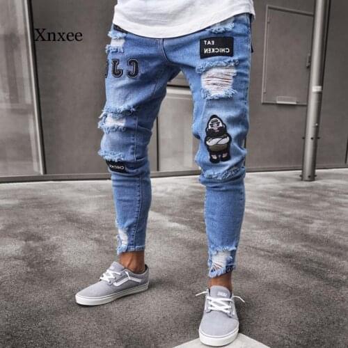 Mens Elastic Hole Skinny Jeans Leggings Trousers Ripped Biker Jeans Mens Foot Mouths Zipper Jogging Casual Pencil Long Pants