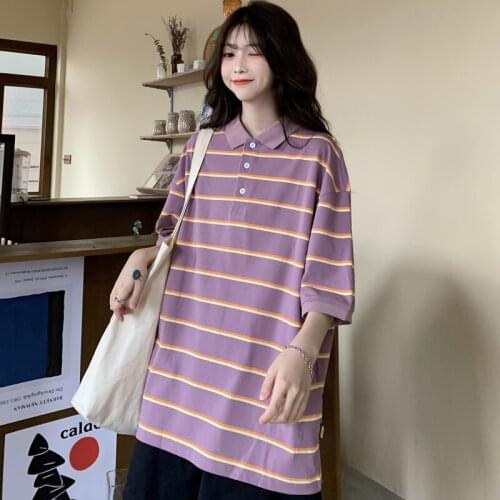 Stitching Pink Striped Polo T-Shirt Female Short-Sleeved Kawaii Studentdress Unisex Couple Clothes Oversized Lgbt Womens Top